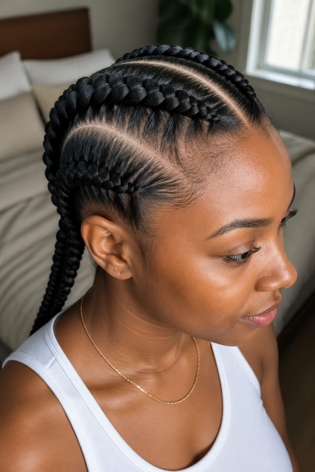 Close-up portrait of a real person with two jumbo cornrows braided straight back