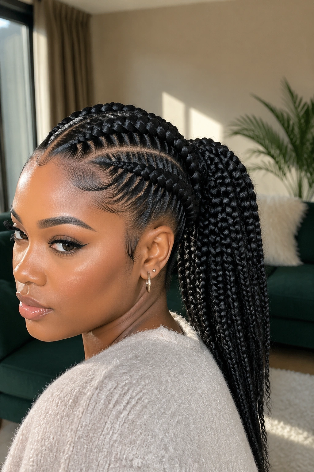 Close-up of a real Black woman with two-layer braided mid ponytail