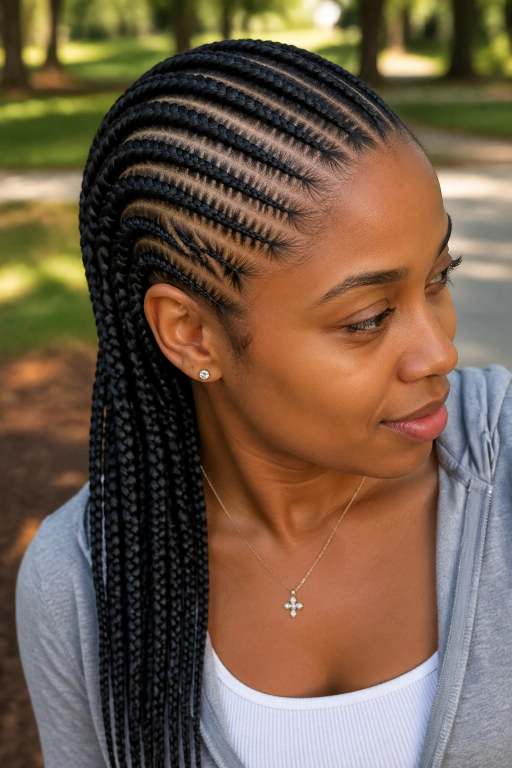 Close-up of two-layer cornrow cascade on a real woman.