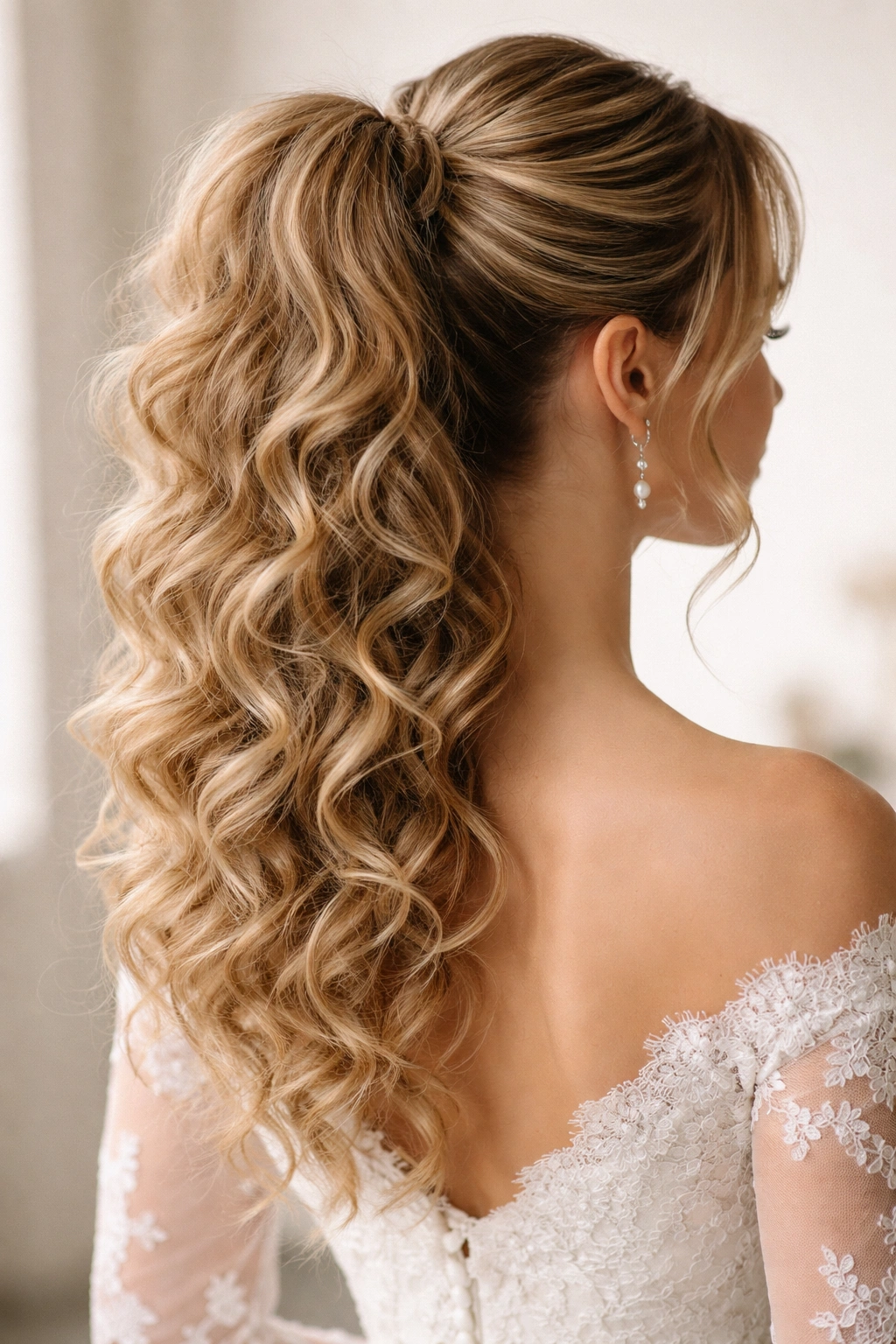 Close-up of a two-level curly ponytail with hidden pins forming a full silhouette