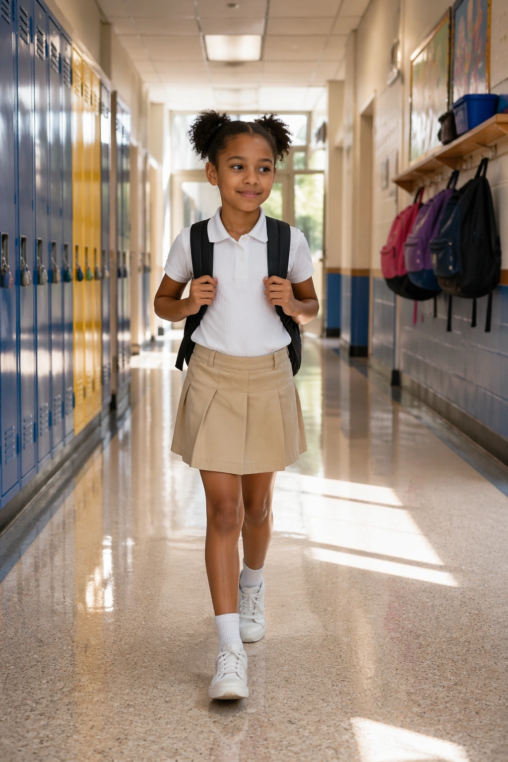 Two mini puffs in a sunlit school hallway