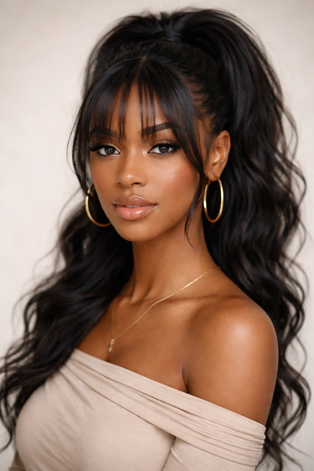 Two-piece ponytail with center-part bangs framing face symmetrically