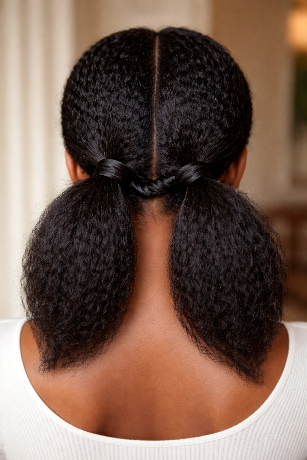 Rear view of Two-Ponytail Twist Detail at the Nape showing two small twists at the nape