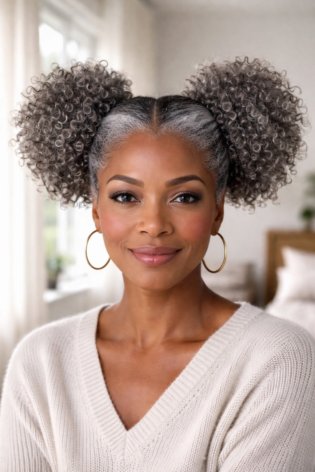 Close-up portrait of a real woman with two grey puff hairstyles