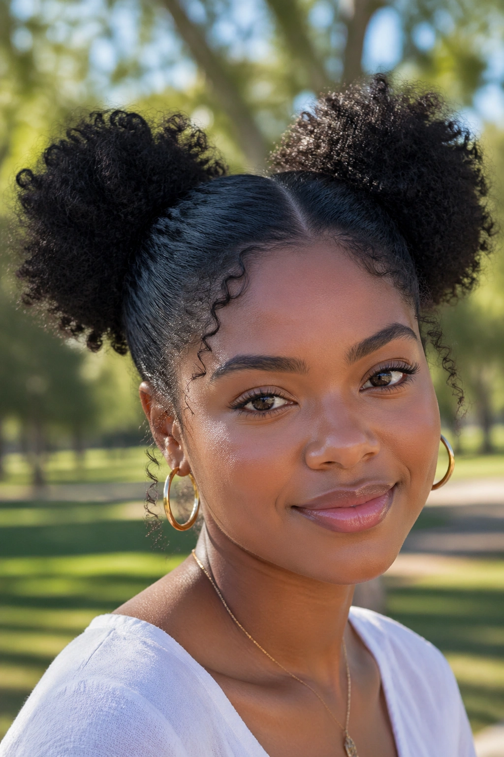 Close-up of a real woman with two puffs on either side of her head in a sunlit park.