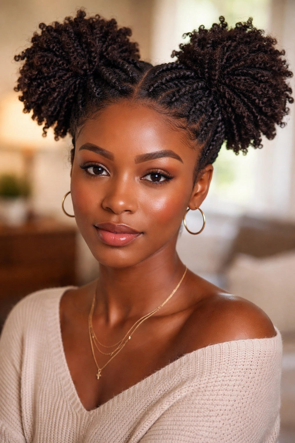 Real woman with two high kinky twist puffs on both sides of her head