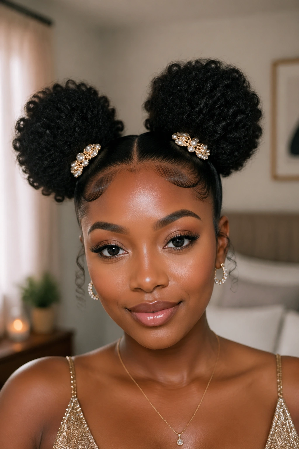Close-up of a real woman wearing two-puff prom hairstyle with accessories at the base of each puff