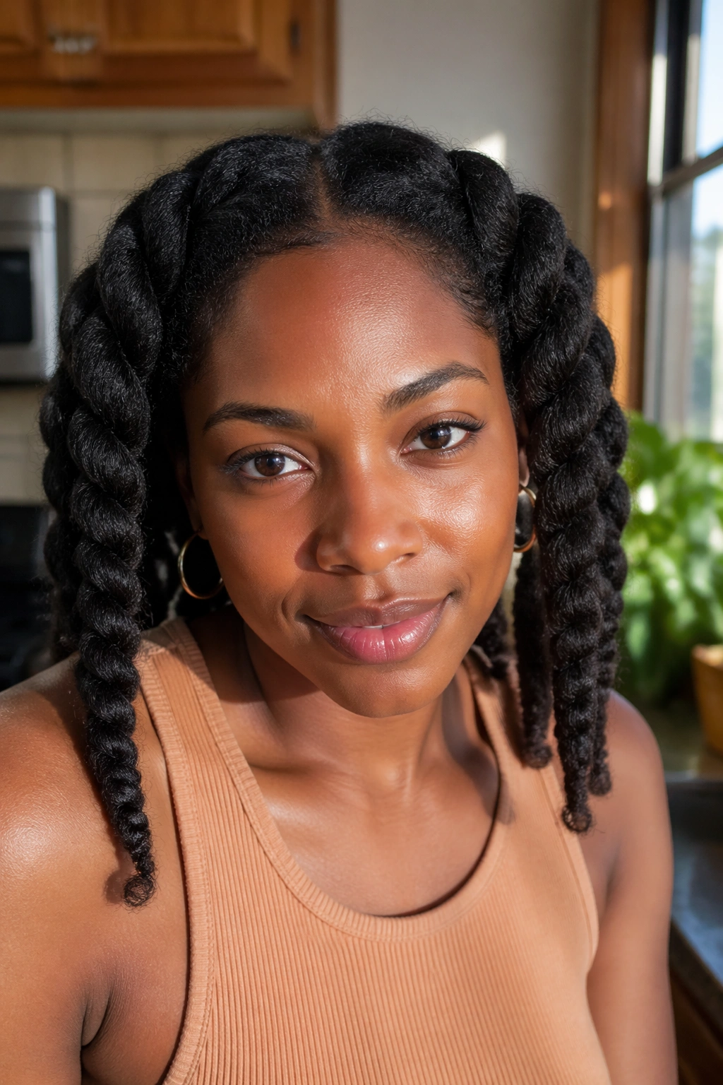 Close-up of a real person with two large twists forming a two-section twist-out wave
