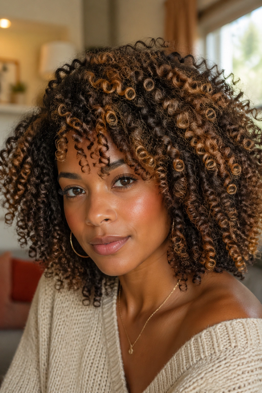 Portrait of a woman with two-shade highlights in natural curls