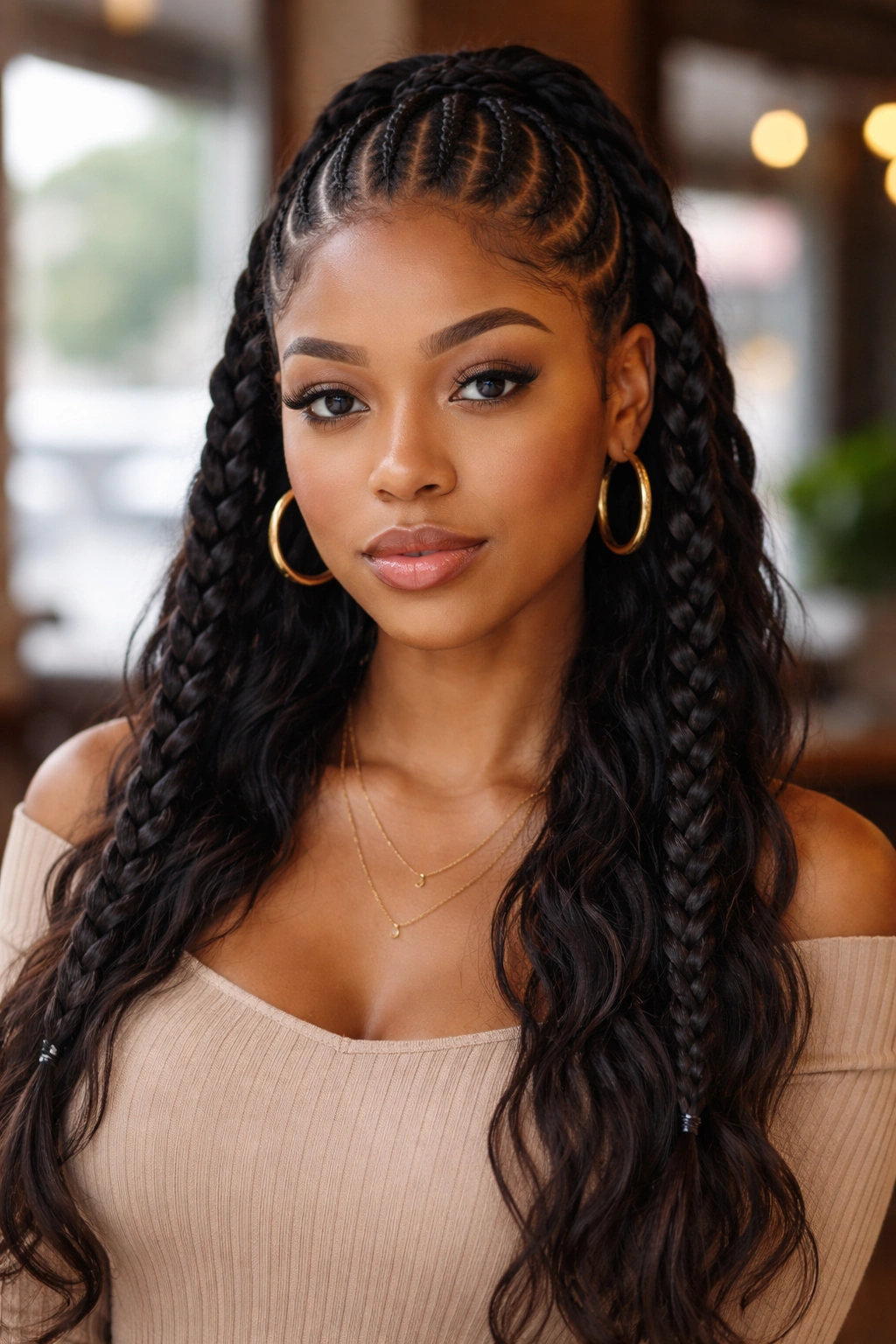 Close-up of two side braids with cornrows on top on a real person