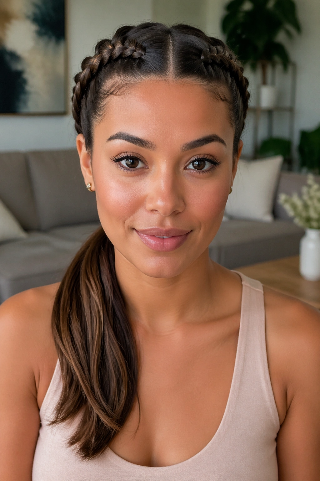Close-up of a real woman with Two Side Stitch Braids Feeding Into One Ponytail, dual braids converge at a neat ponytail.
