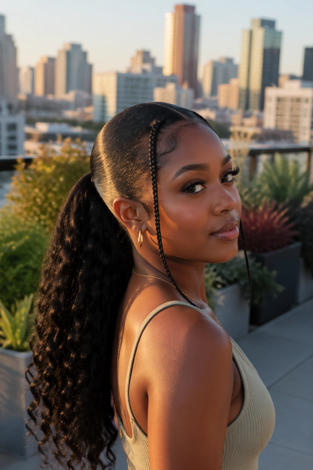 Portrait of mid ponytail with two slim braids at hairline against city skyline.