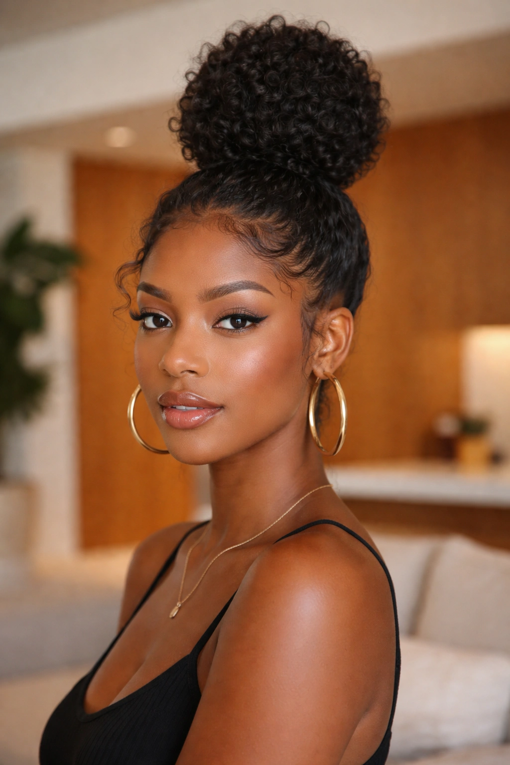 Portrait of a real woman with two stacked high buns in a cozy living room
