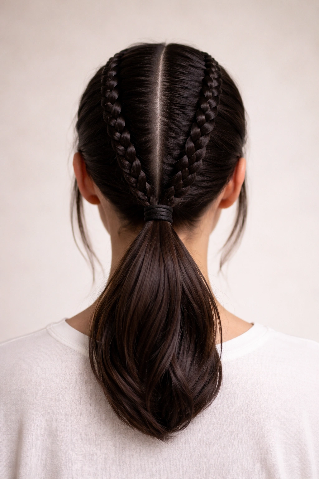 Two stitch braids on each side into a low ponytail at the nape.