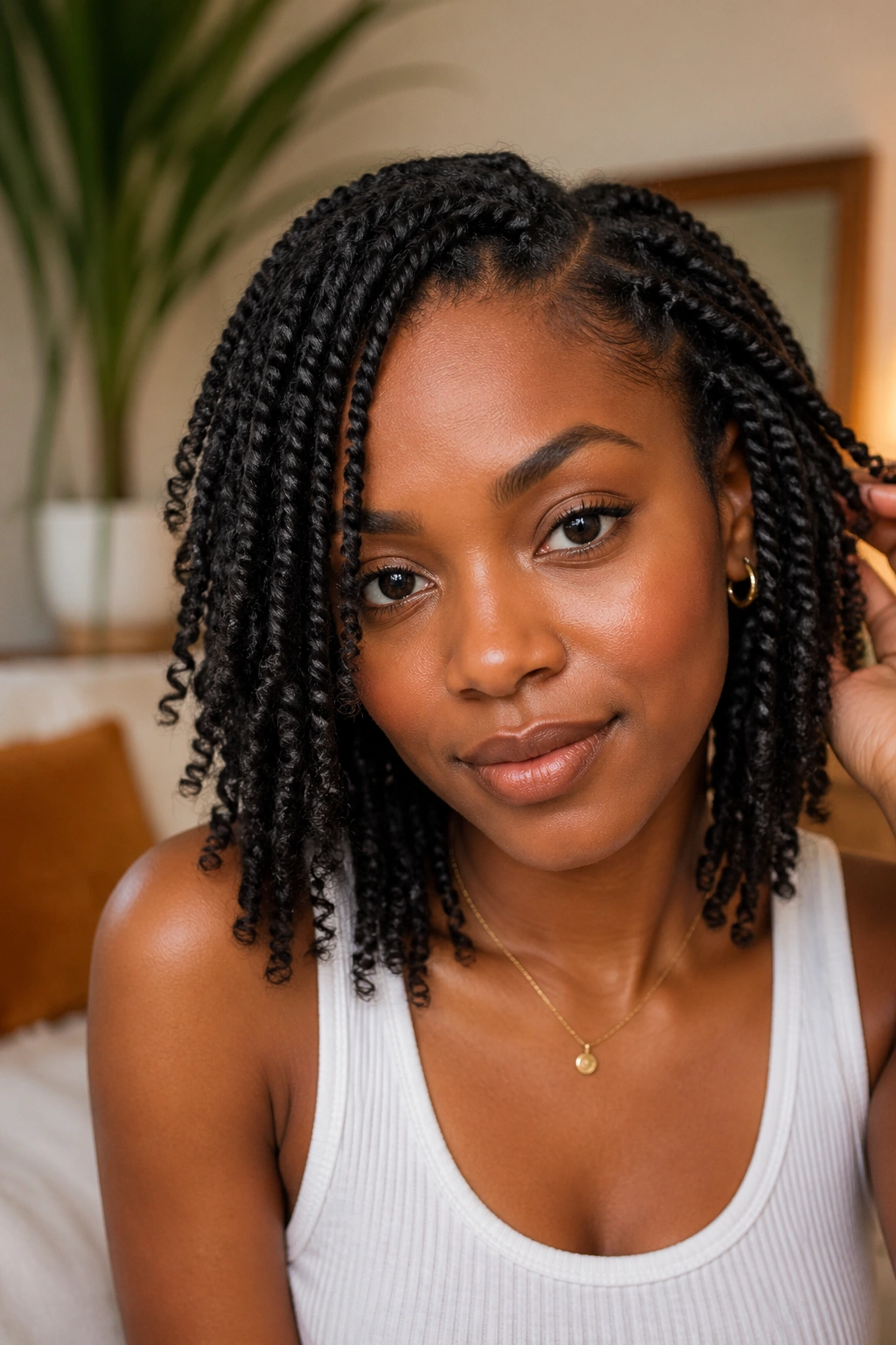 Real woman with two-strand twists ending in natural coils.