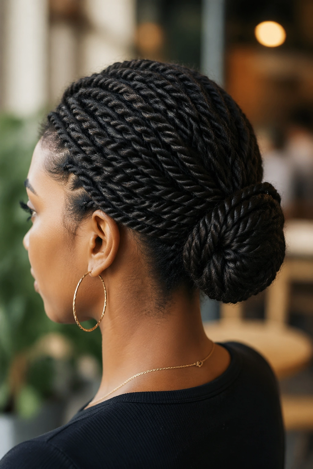 Close-up of a real person with two-strand twists into a bun
