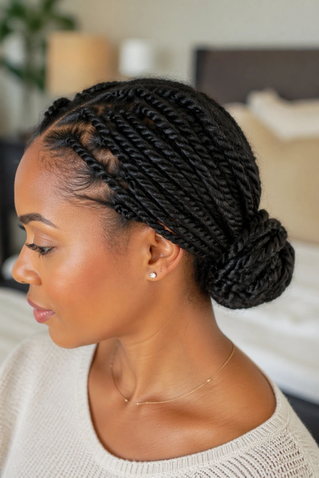 Close-up of a real woman with a two-strand twist roll bun at the nape in a softly lit bedroom
