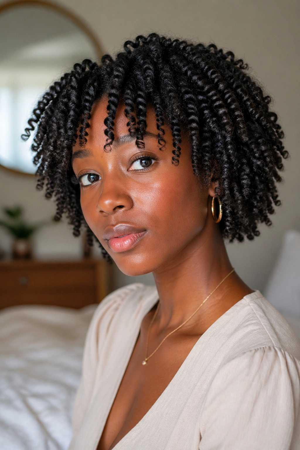 Close-up of real person with two-strand twist coil-out showing tight coil patterns.