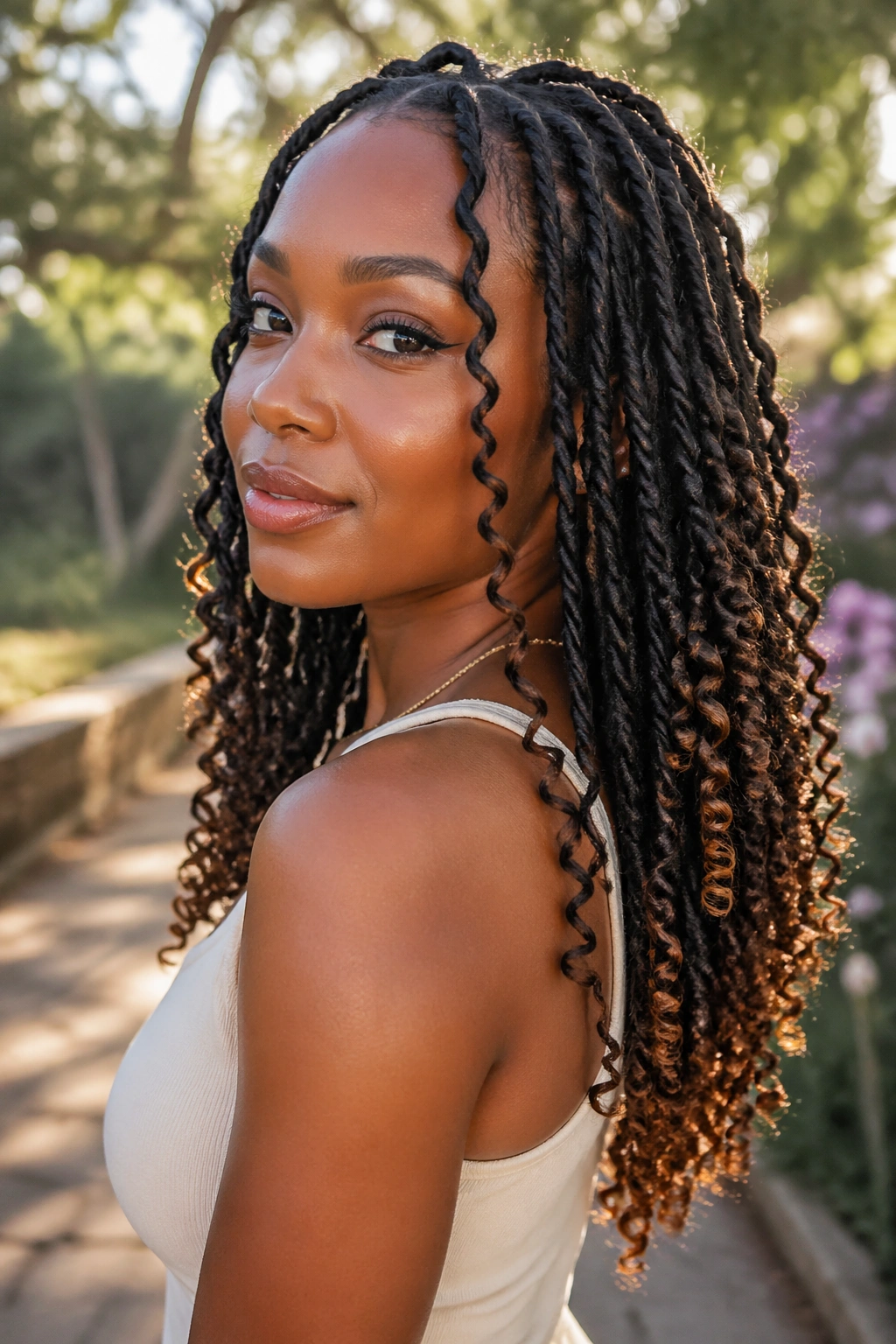Close-up of a real woman with two-strand twist locs and boho curls at the ends.