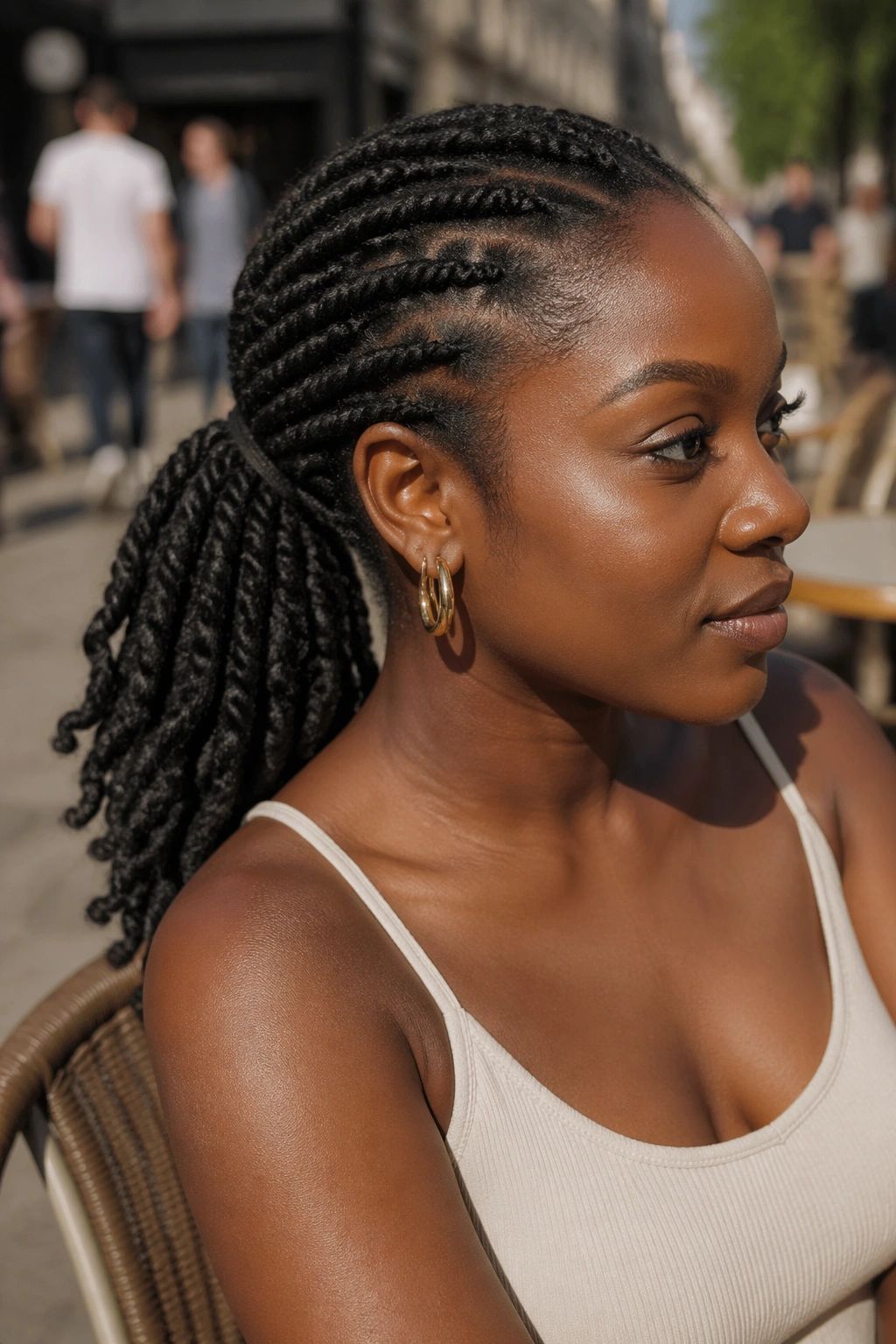 Two-strand twist low ponytail on a real person, visible twist pattern