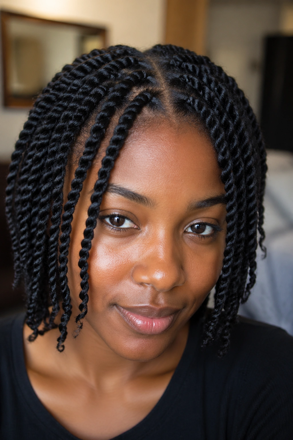 Close-up of a real person with two-strand twists hairstyle