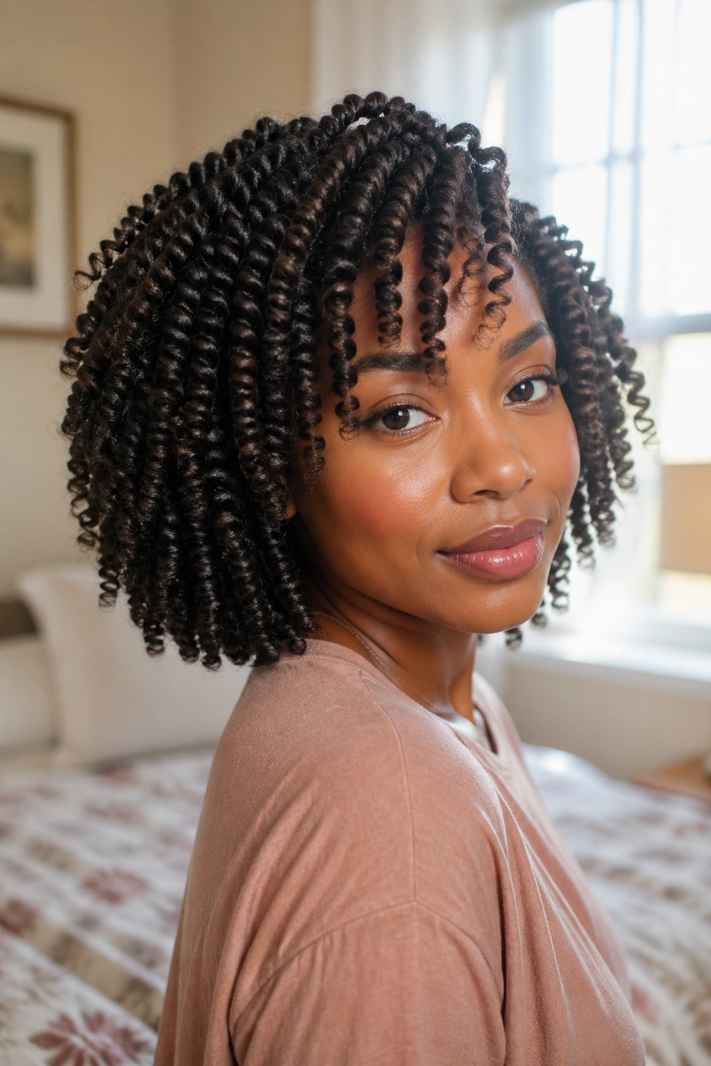 Close-up portrait of a real woman with a two-strand twist-out afro hairstyle in a cozy bedroom.