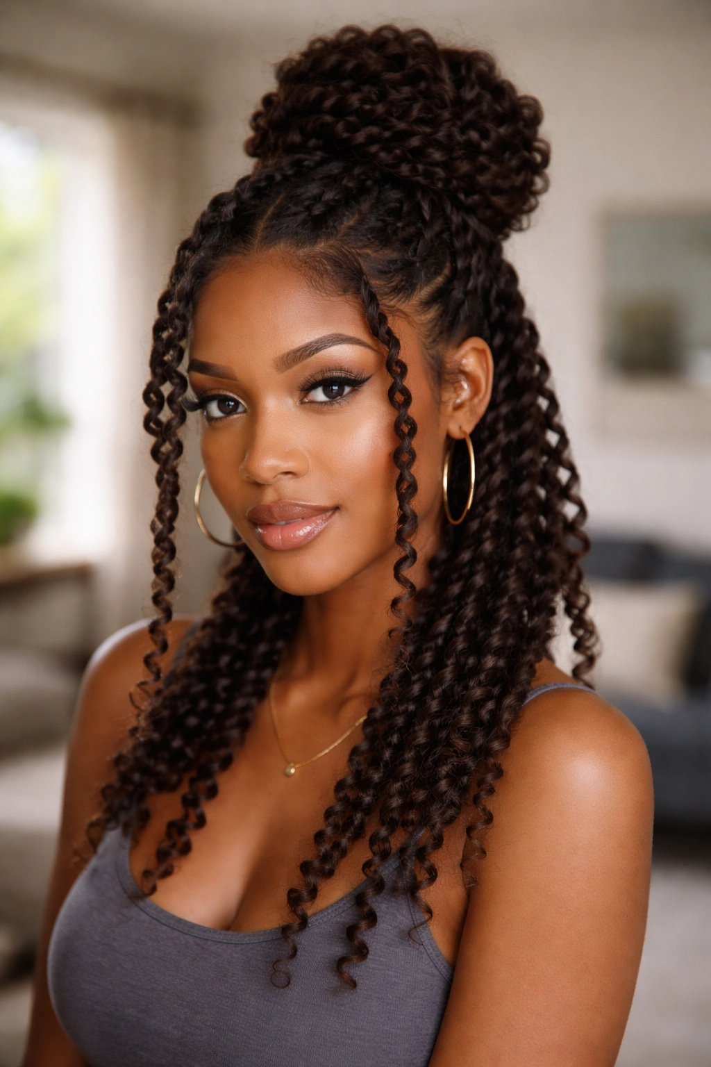 Close-up of a real woman with a twist-out bun and hanging elongated curls