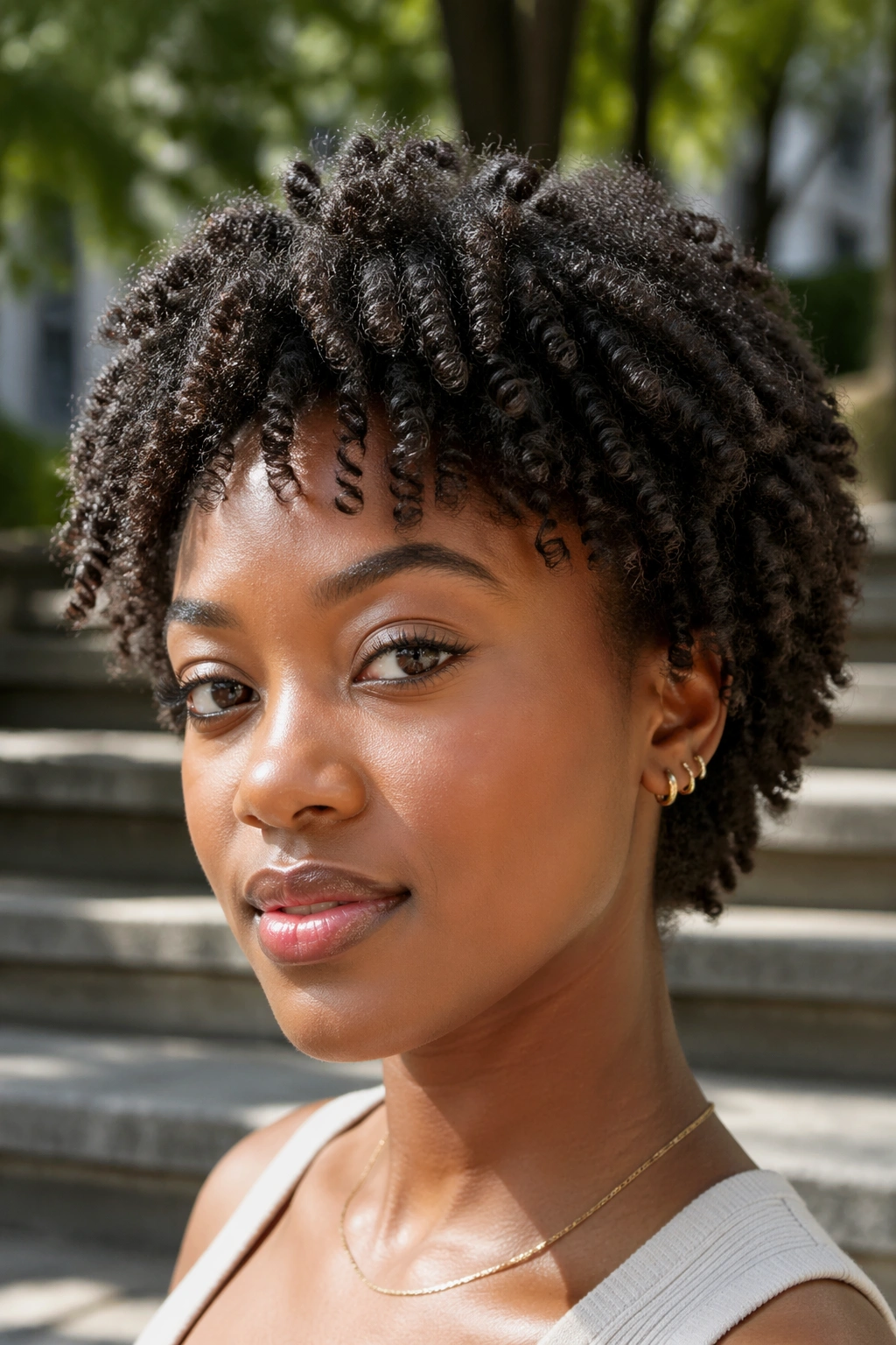 Close-up of a person with a short natural hair two-strand twist-out showing texture and shape.