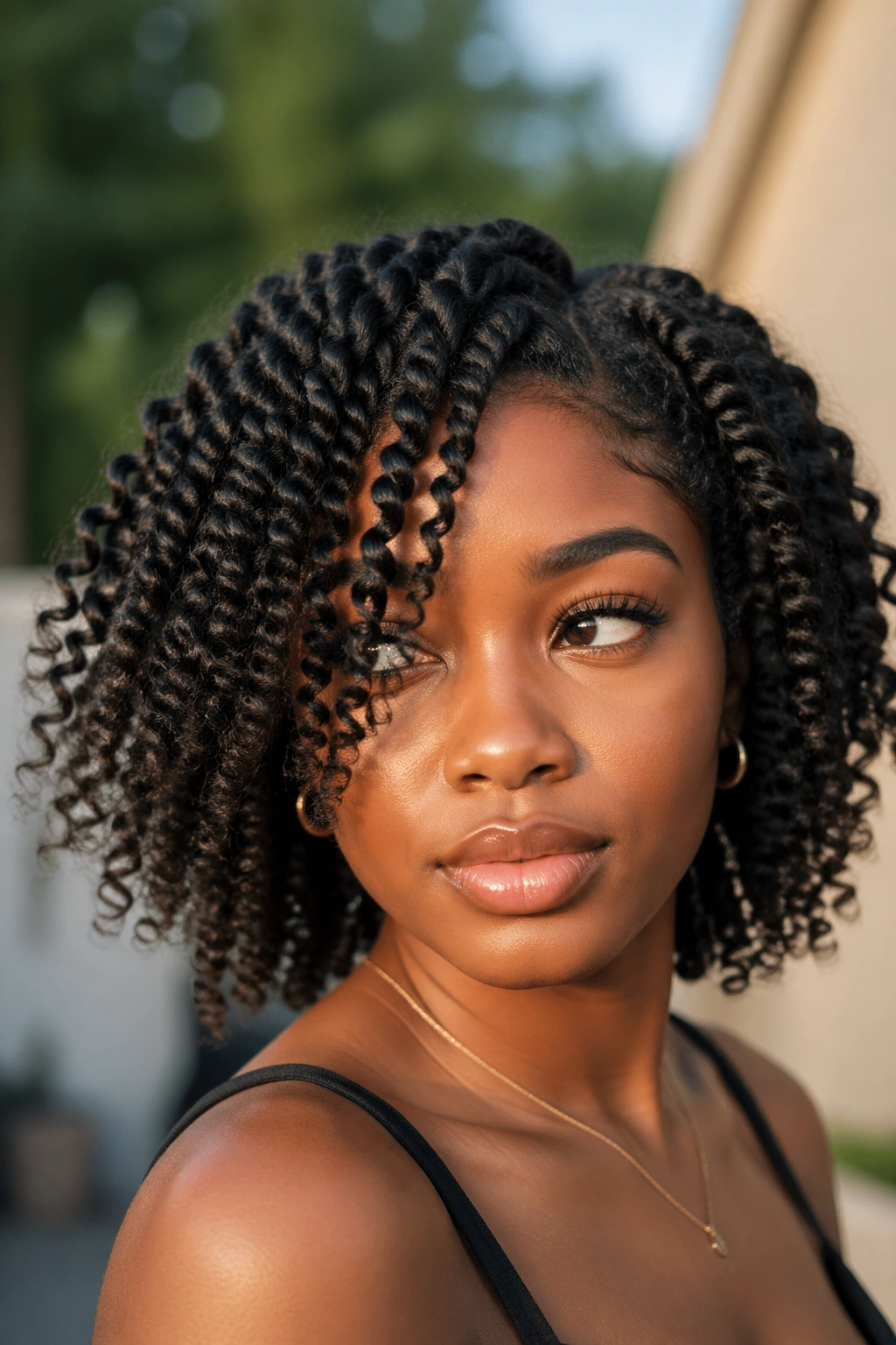 Close-up of Black woman with two-strand twist-out hairstyle