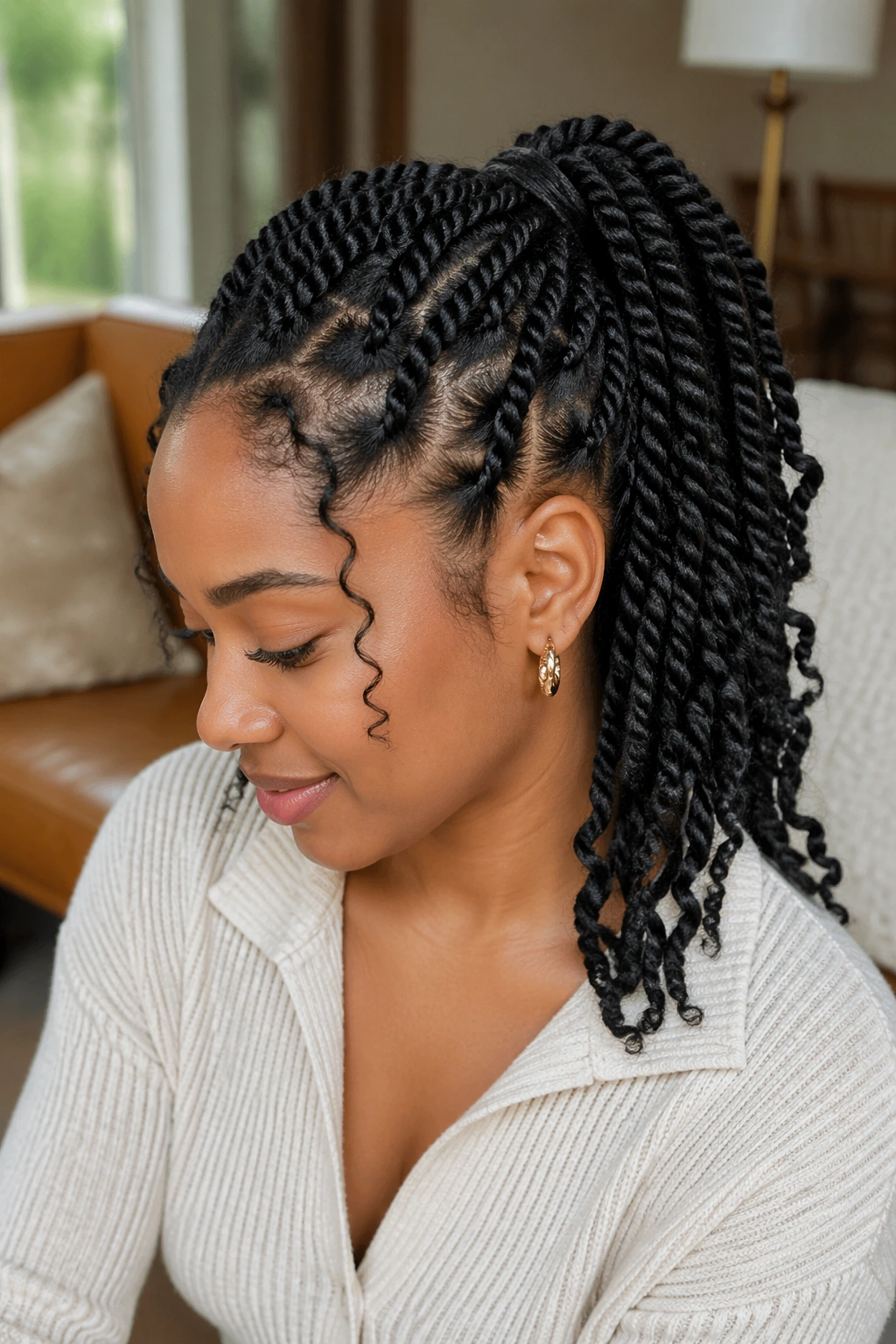 Close-up of a real woman with two-strand twist ponytail and defined curls