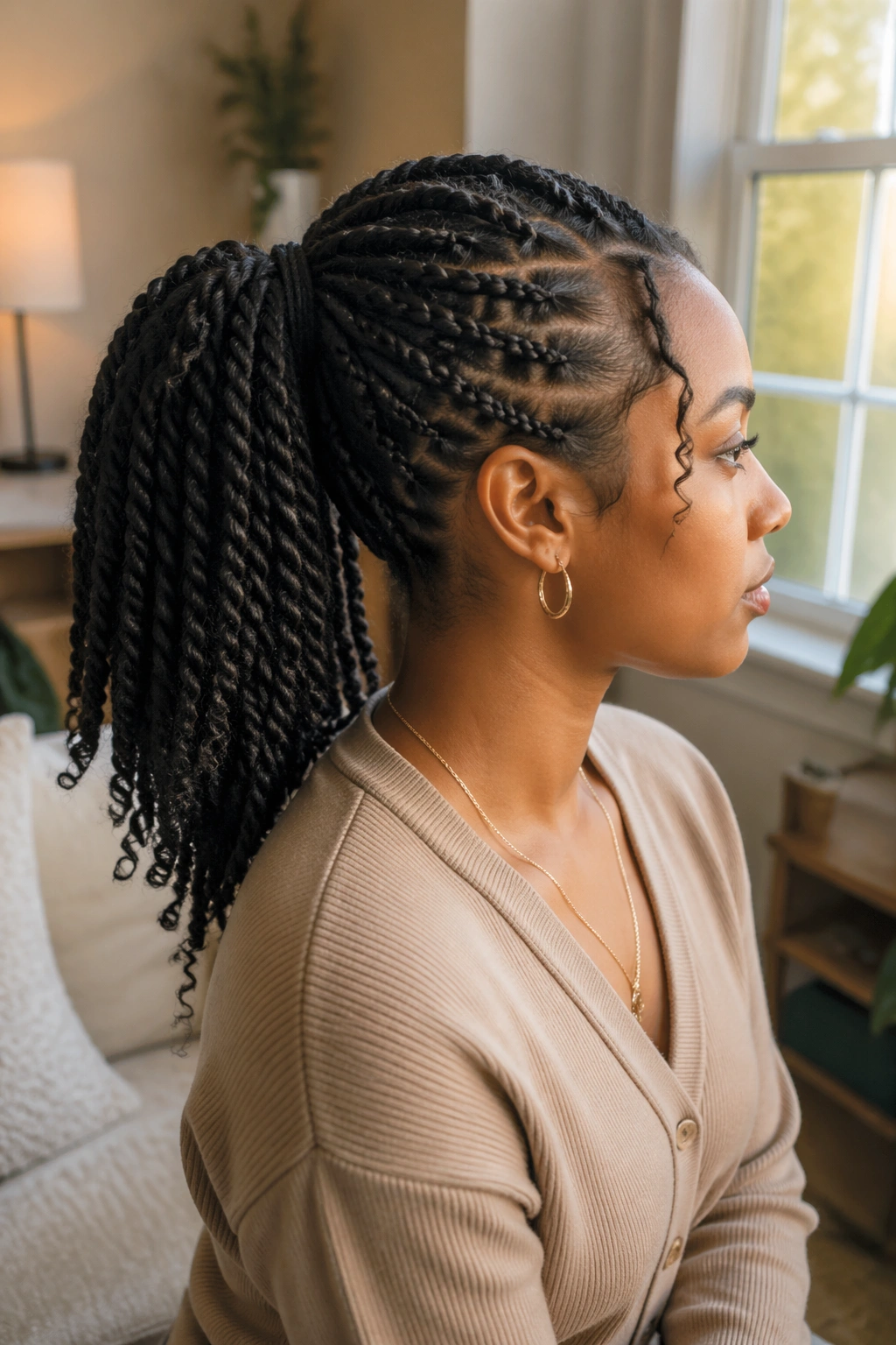 Profile of a real person with a rope-like two-strand twist ponytail in warm daylight