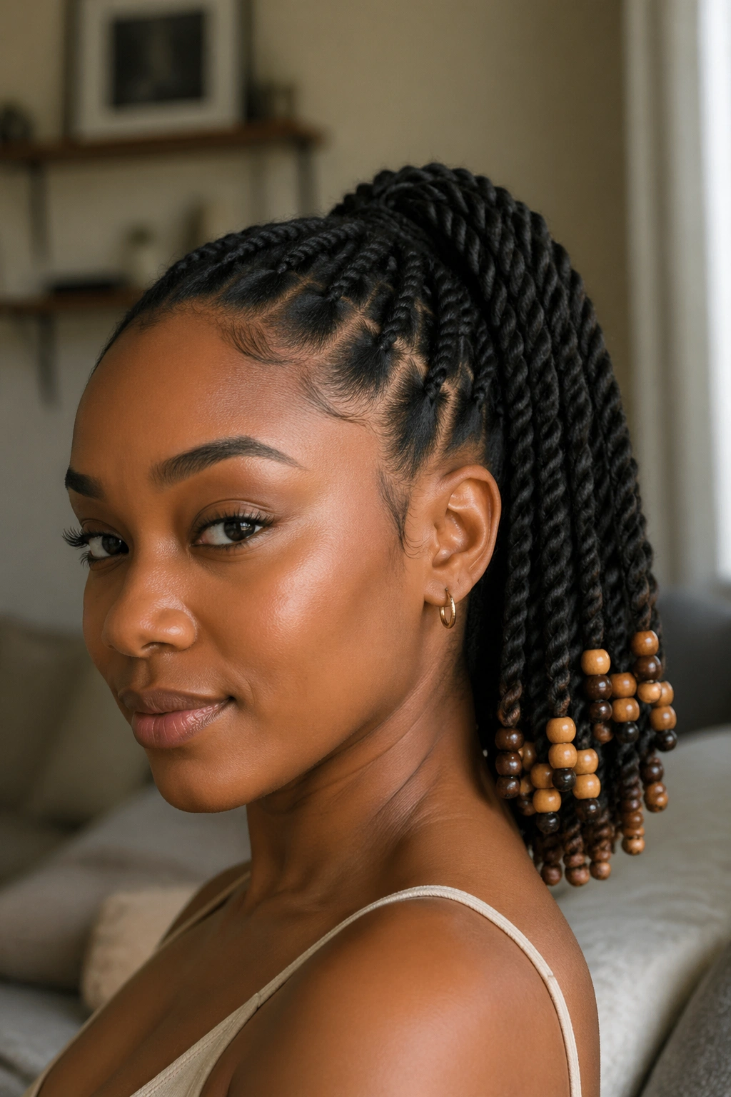 Close-up of a woman with two-strand twist ponytail adorned with beads.