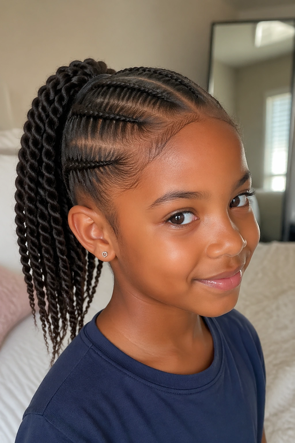 Close-up of a child with two-strand twist ponytail showing neat twists and smooth hairline under soft window light