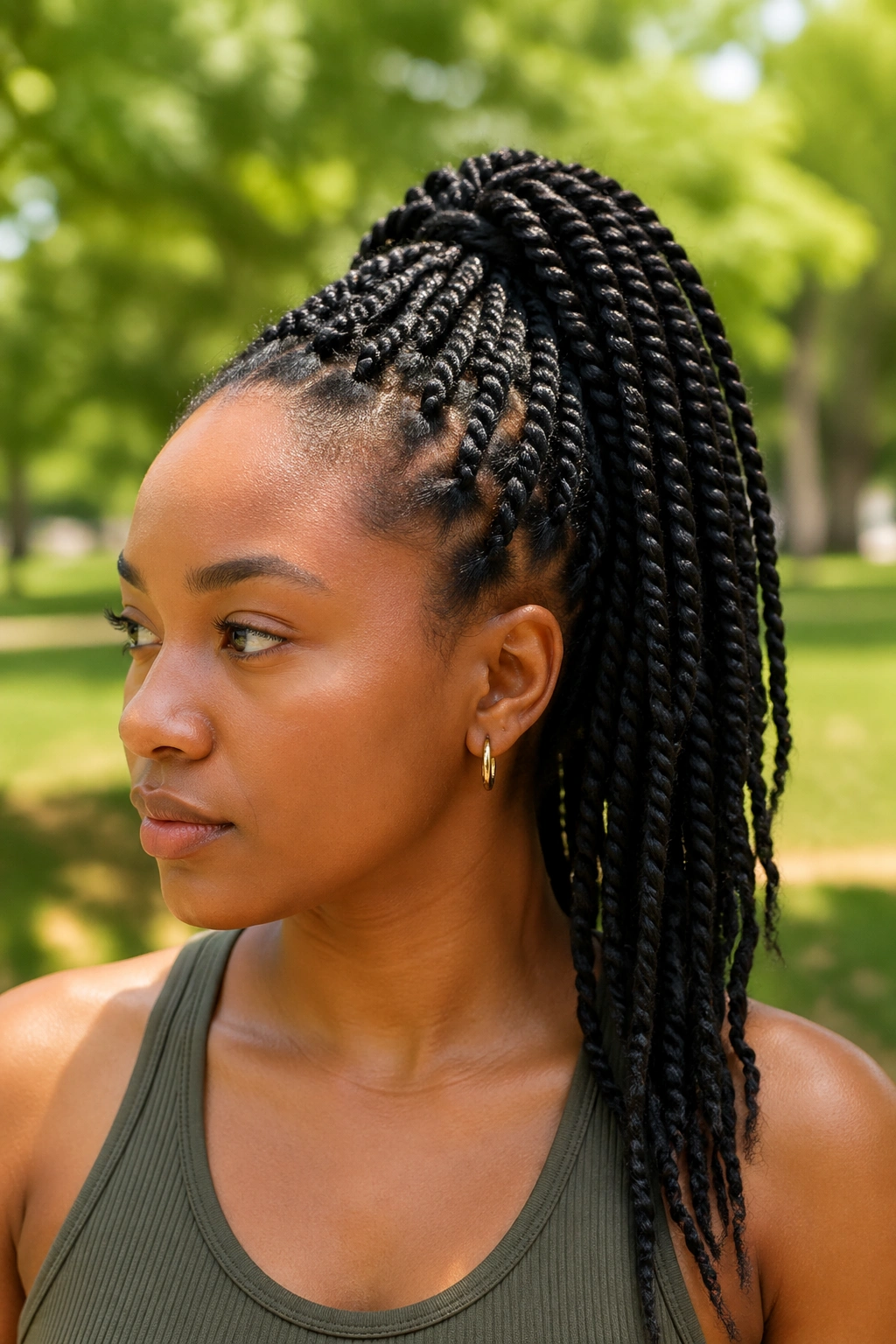 Close-up of a real woman with two-strand twist high ponytail in an outdoor park.