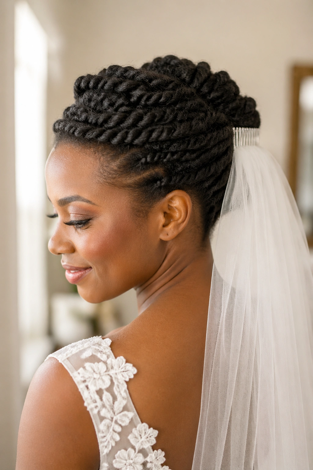 Bride with two-strand twist updo and comb veil