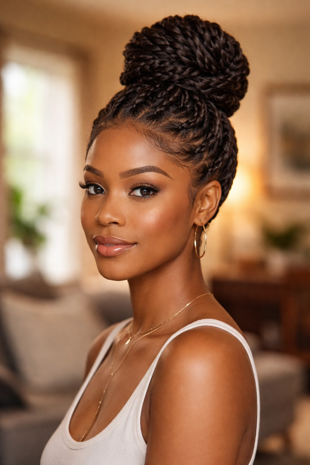 Close-up of a real woman with two-strand twists forming a high bun