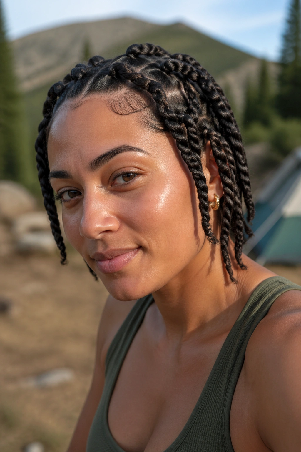 Portrait of a person with two-strand twists outdoors at a campsite