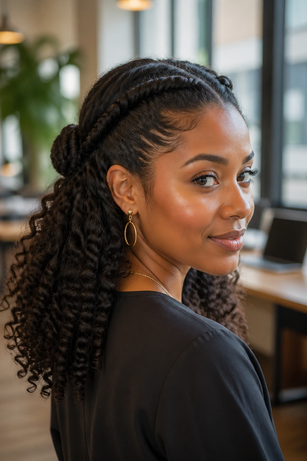 Close-up of real person with two crown twists forming a small back bun, natural light