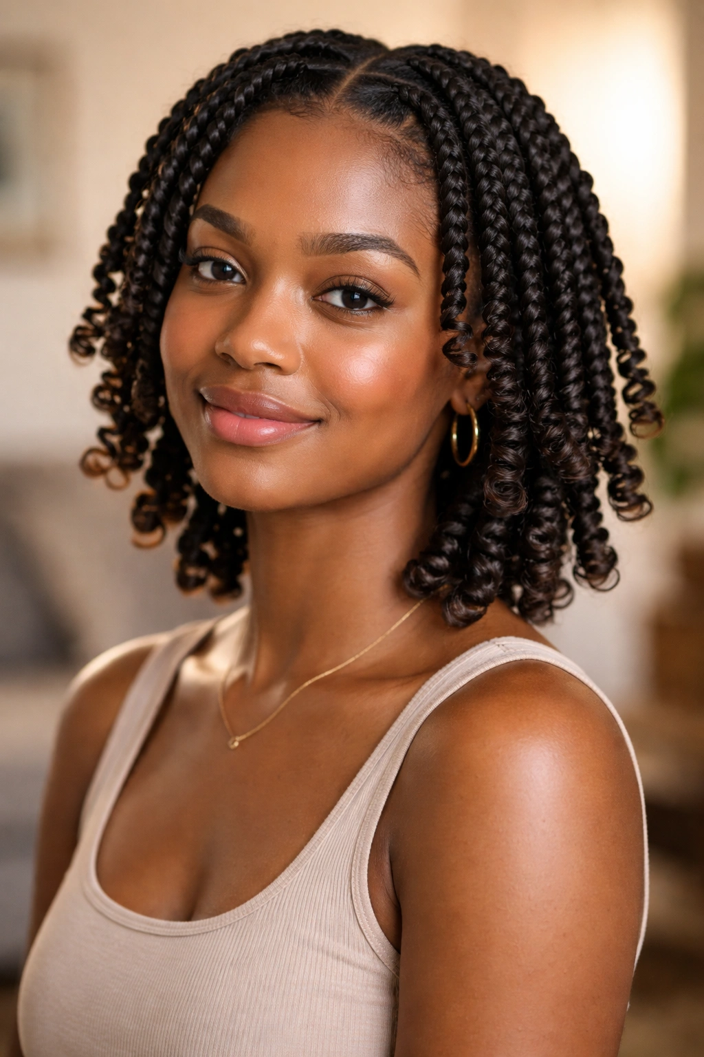 Close-up of two-strand twists with curled ends on a real woman under warm light