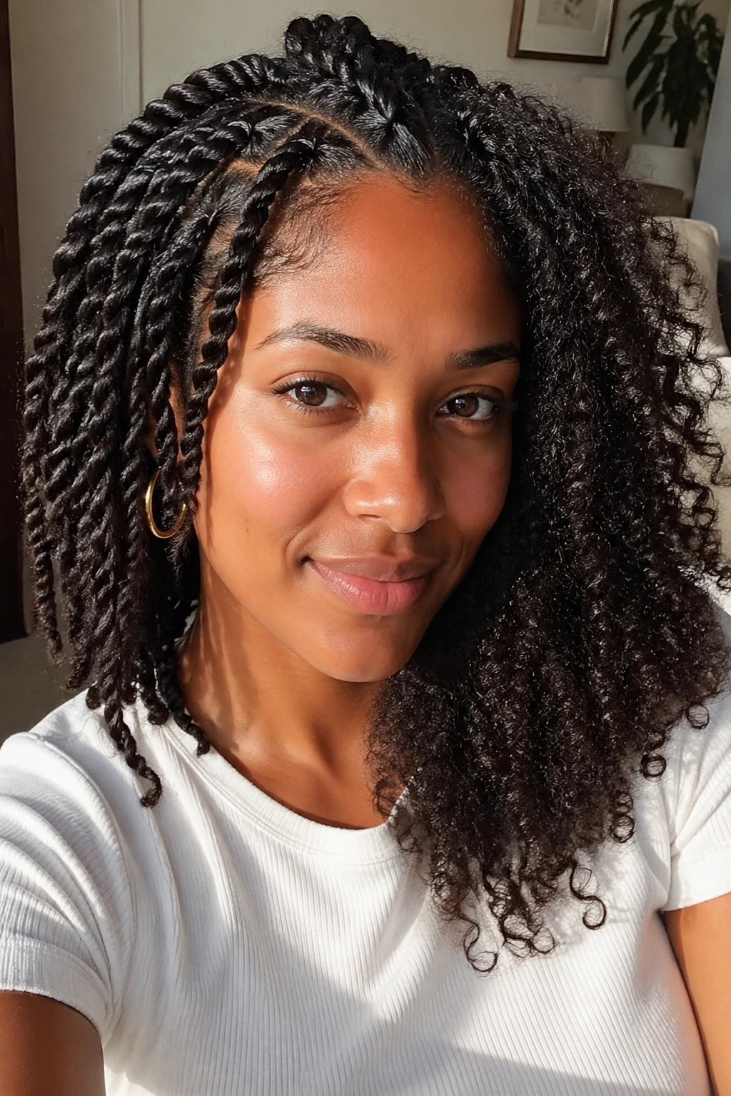 Portrait of a woman with two-strand twists blending into natural curls