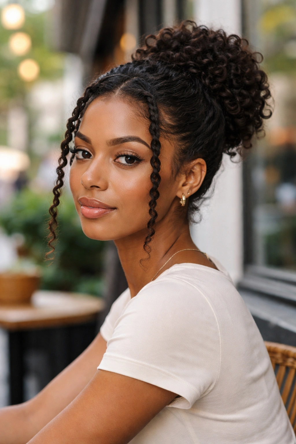 Portrait of a woman with curls and two-strand twists framing the bun.