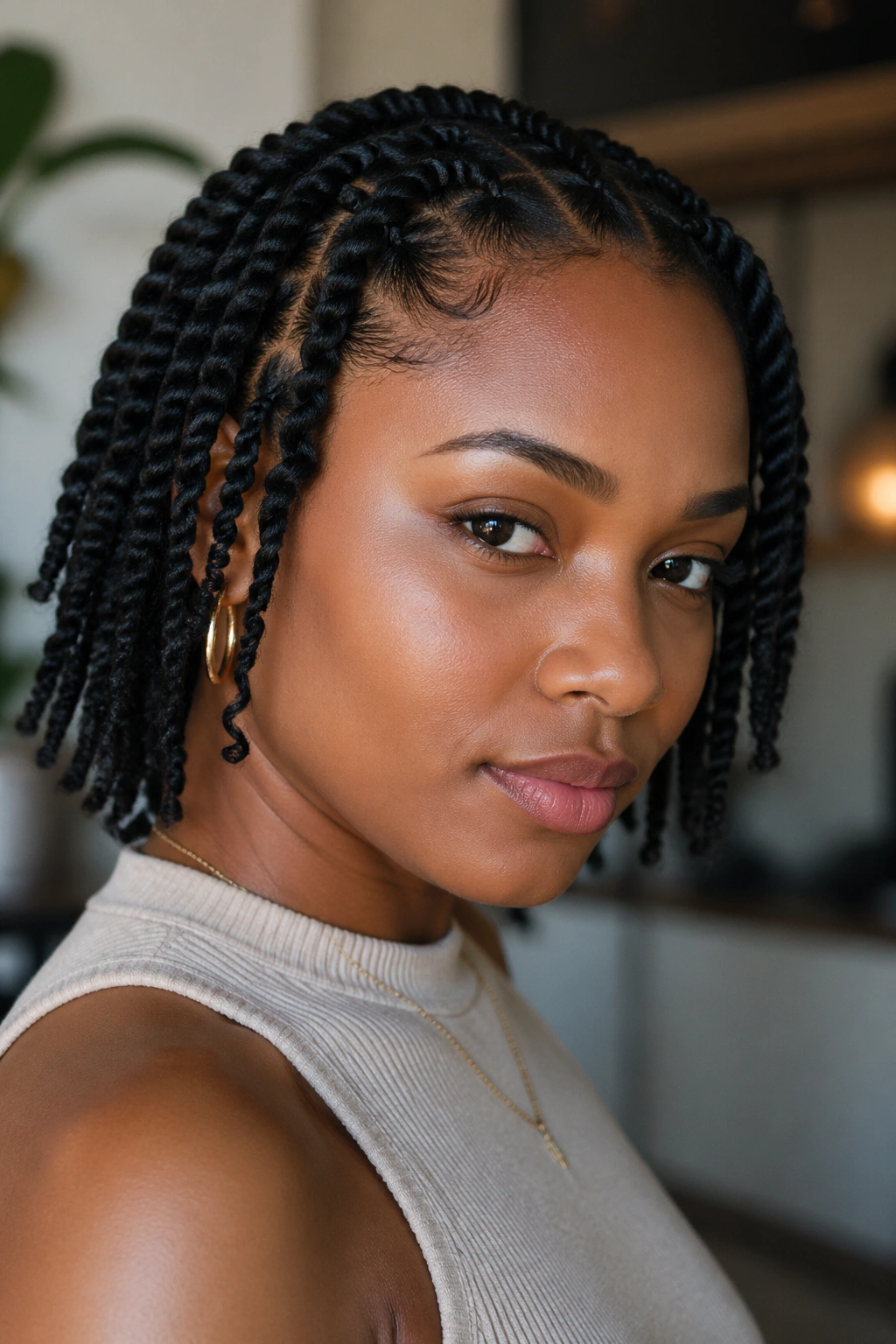 Close-up of two-strand twists with extensions on short natural hair