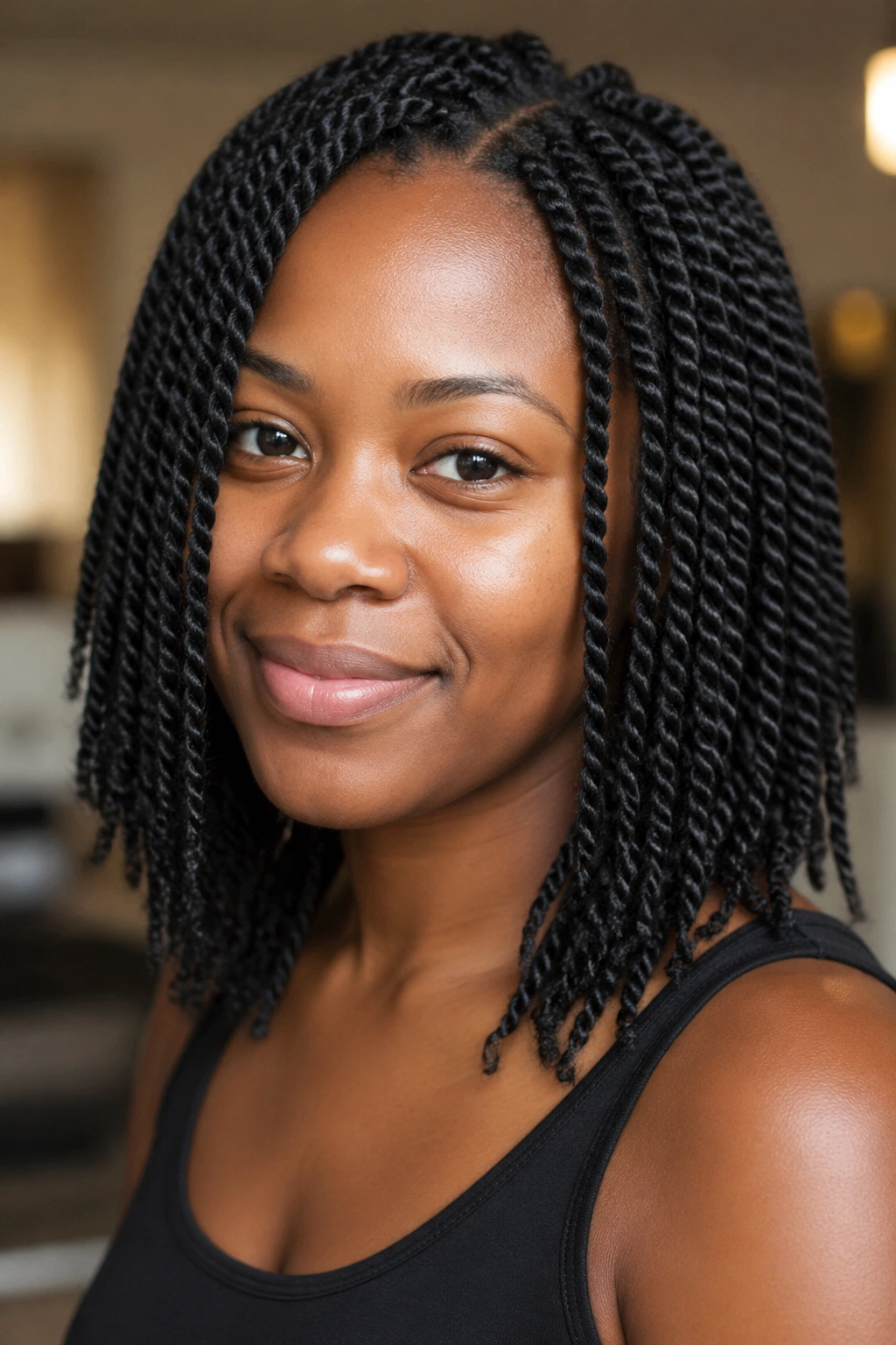 Close-up of a woman with uniform two-strand twists all over the head