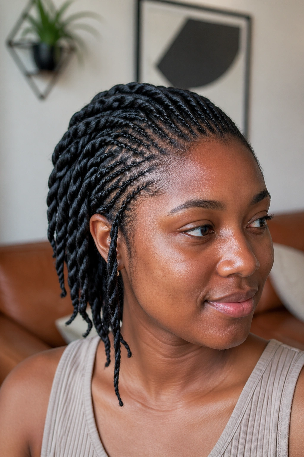 Real person with fine front twists and chunkier back twists in a bright living room