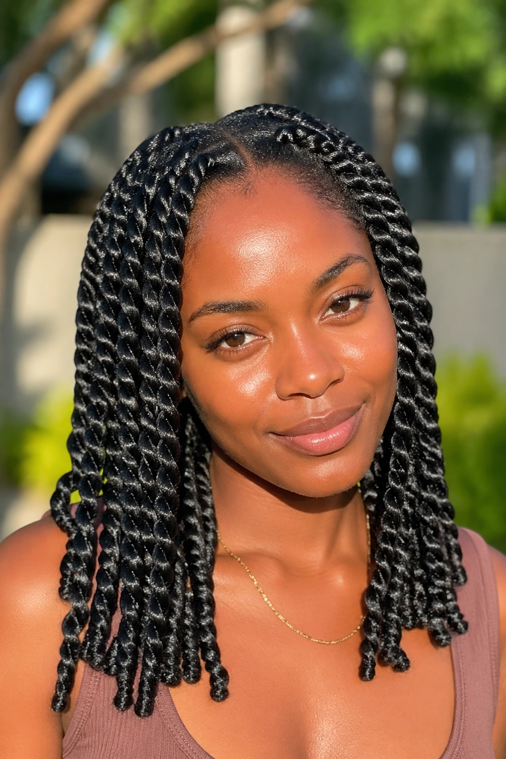 Close-up of a woman with high-gloss two-strand twists.