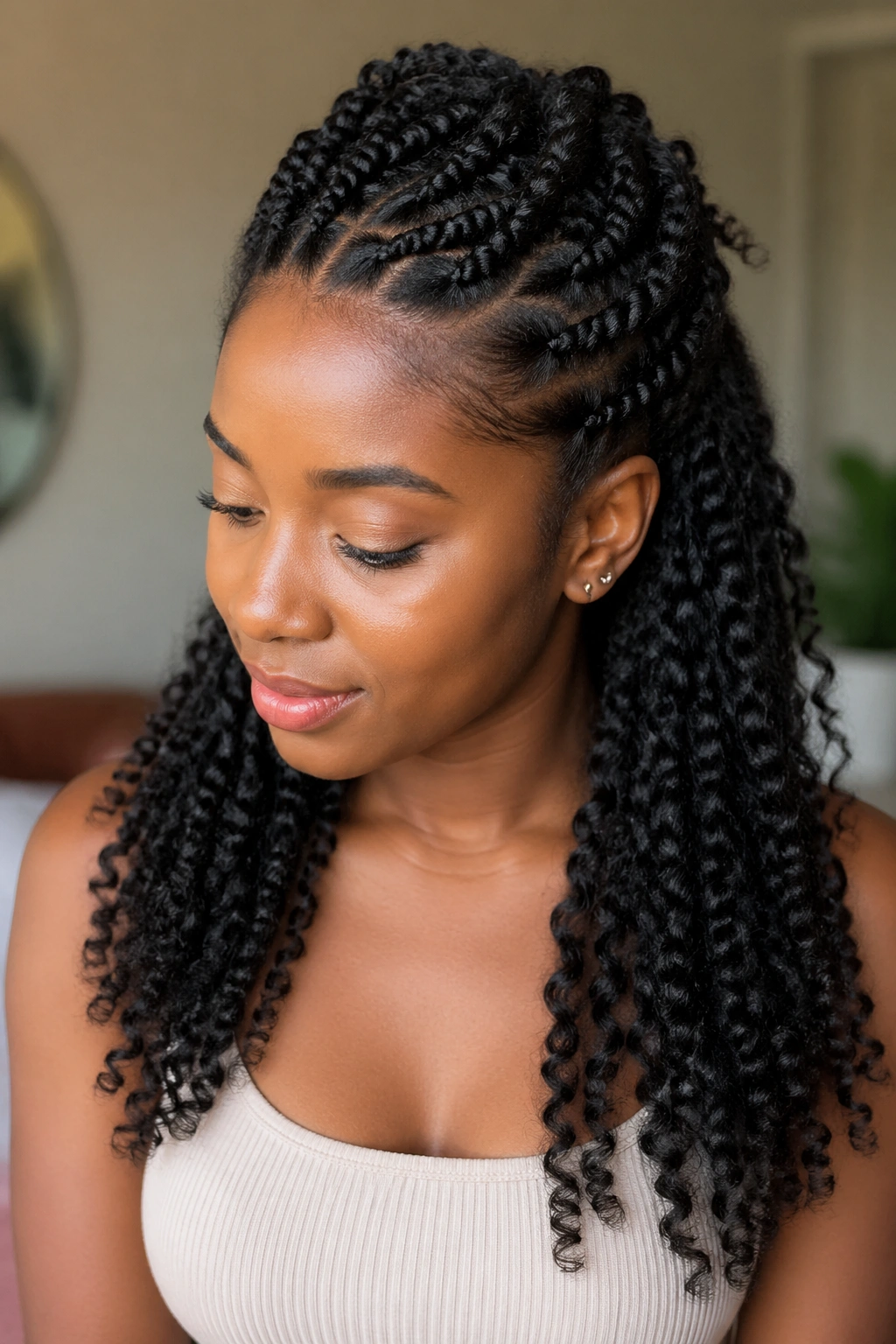 Portrait of a real person with front two-strand twists pulled back into a half-up style.
