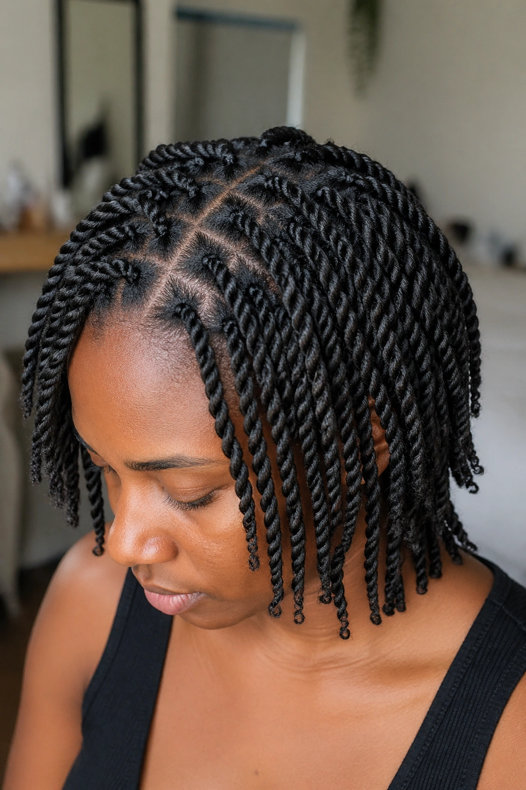 Close-up of head with even two-strand twists across the scalp