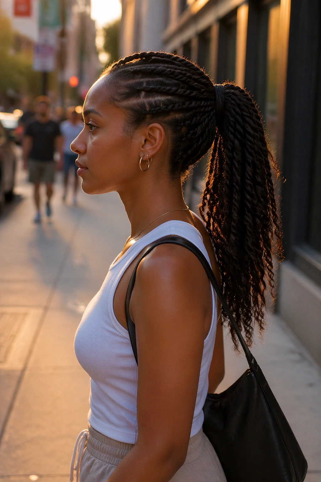 Side profile of twists forming a mid ponytail on a city street.