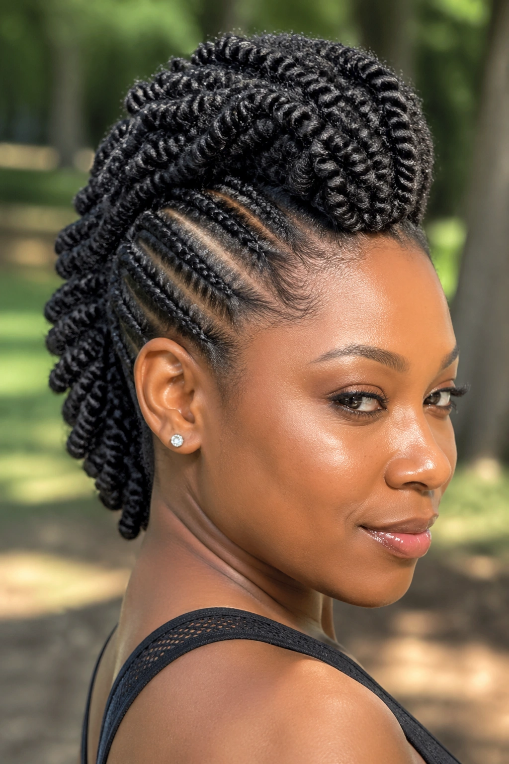 Real woman with two-strand twists forming a mohawk