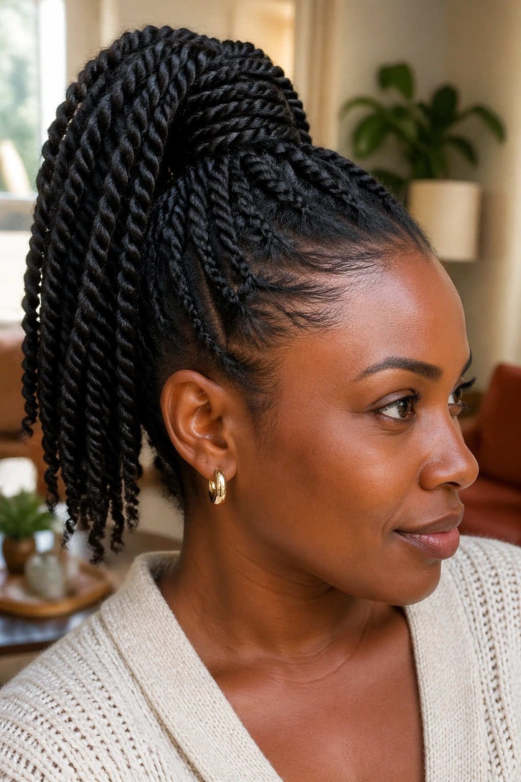 Close-up of a real woman with a high two-strand twist ponytail